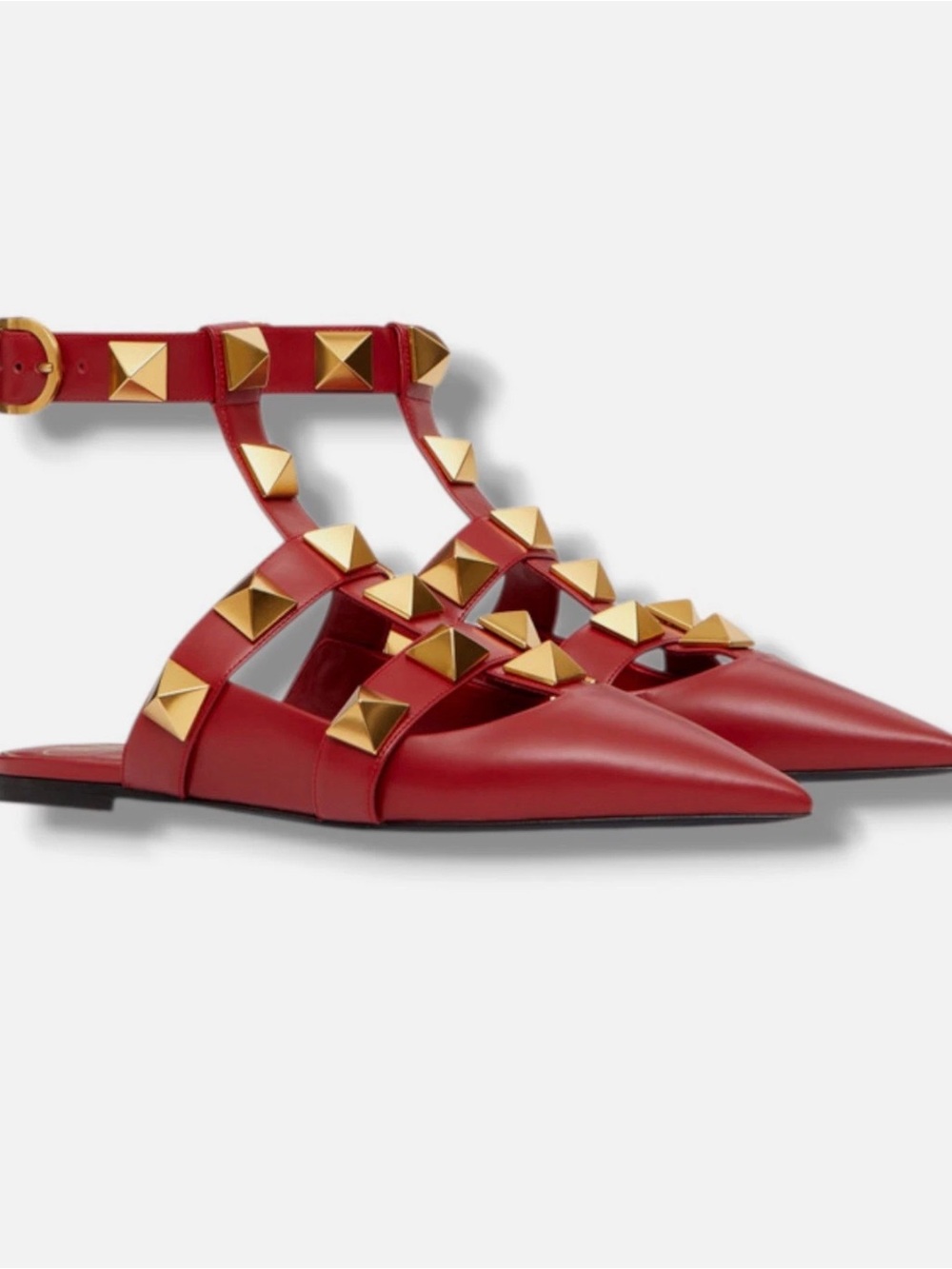 Valentino Garavani Red Leather Pointed-Toe Flats with Gold Studs